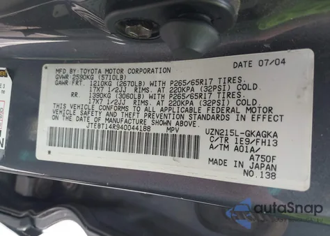 2004 Toyota 4Runner Sr5 Sport V8 из США, поврежденный, VIN JTEBT14R940044188